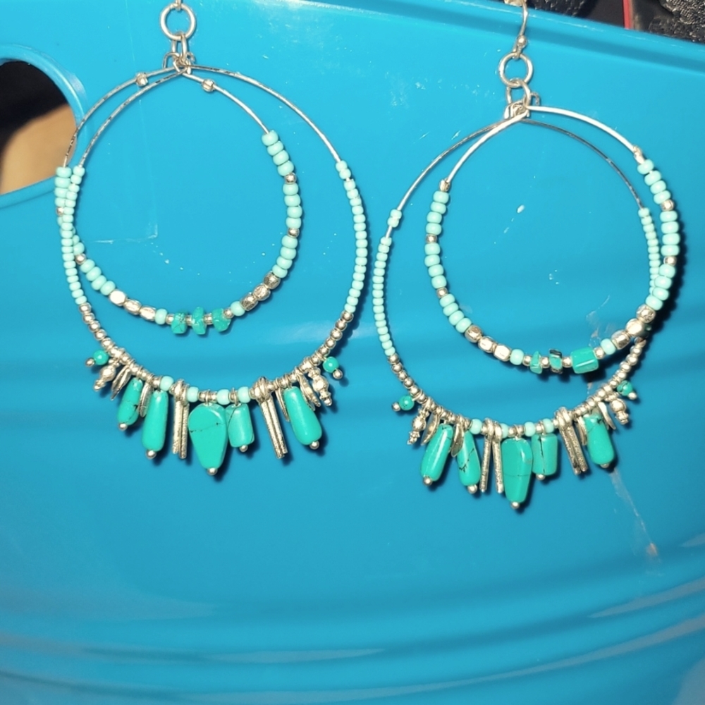 Large double hoop silver and turquoise earrings